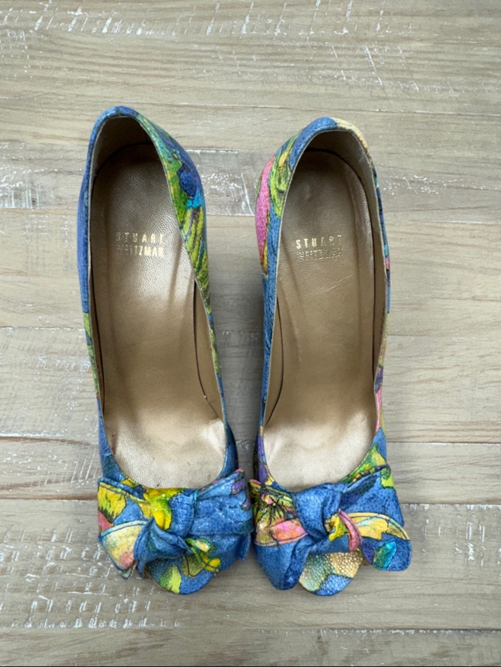 Stuart Weitzman Vintage Floral Cork Wedge Peep Toe Heels, size 9.5 - Picture 3 of 8